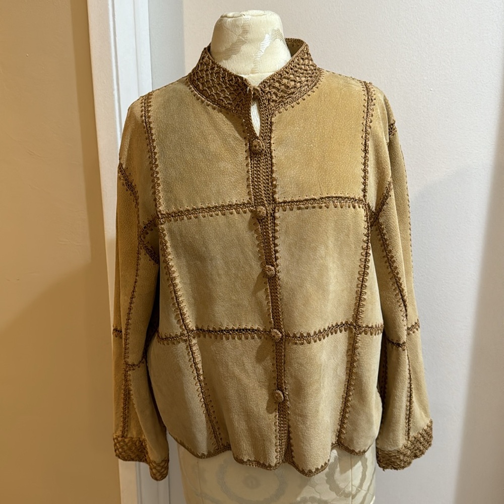 Vintage Suede Panels Camel Shade Crochet Detailing Button Up Jacket L